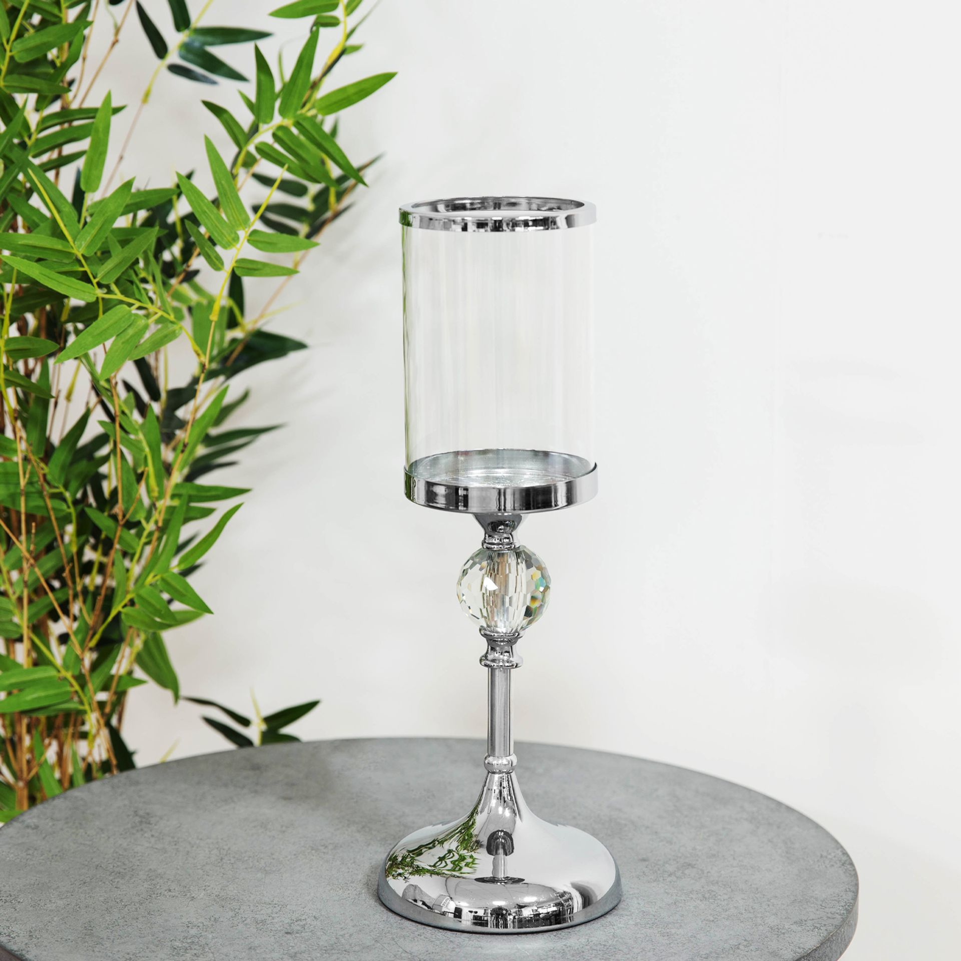 HESTIAÂ® Chrome Finish and Glass Candle Holder 37cm | Widdop and Co.